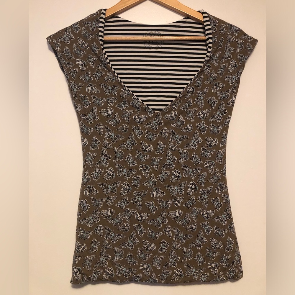 Marc Cain Taupe Butterflies V-Neck Tee with Striped Trim Reversible